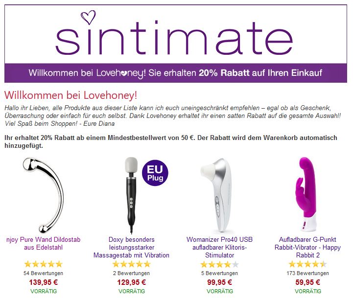 20 % Rabatt bei Lovehoney für meine treuen Leser!