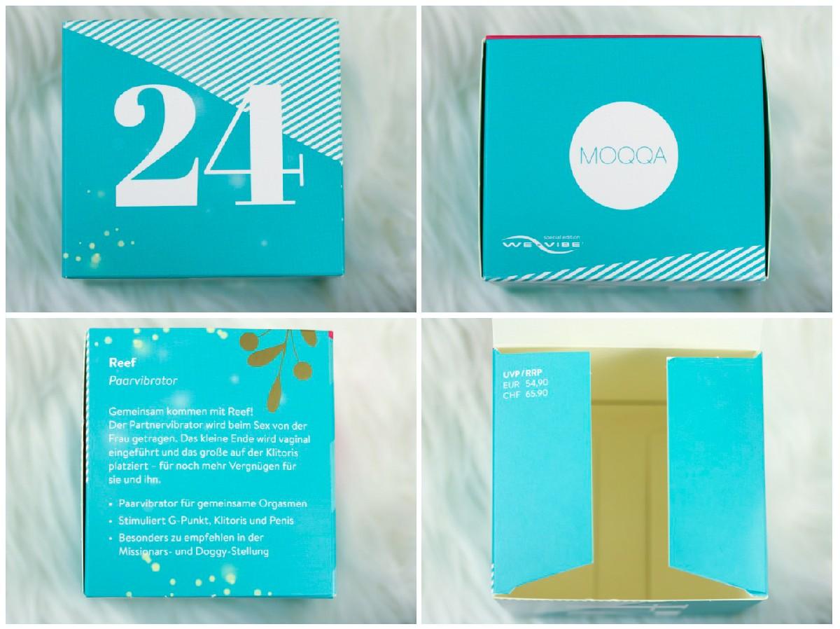 Karton von Tür 24 im Amorelie Adventskalender, vorn mit Zahl, hinten mit Produktbeschreibung.