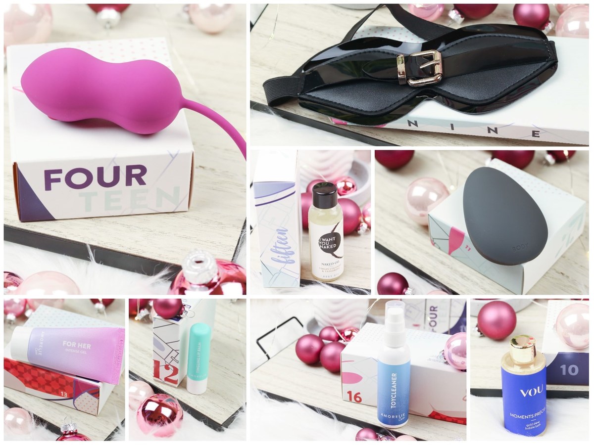 Amorelie Self Love Adventskalender, Tür 9 bis 16: Liebeskugeln, Augenmaske, Körperöl und Schaumbad.