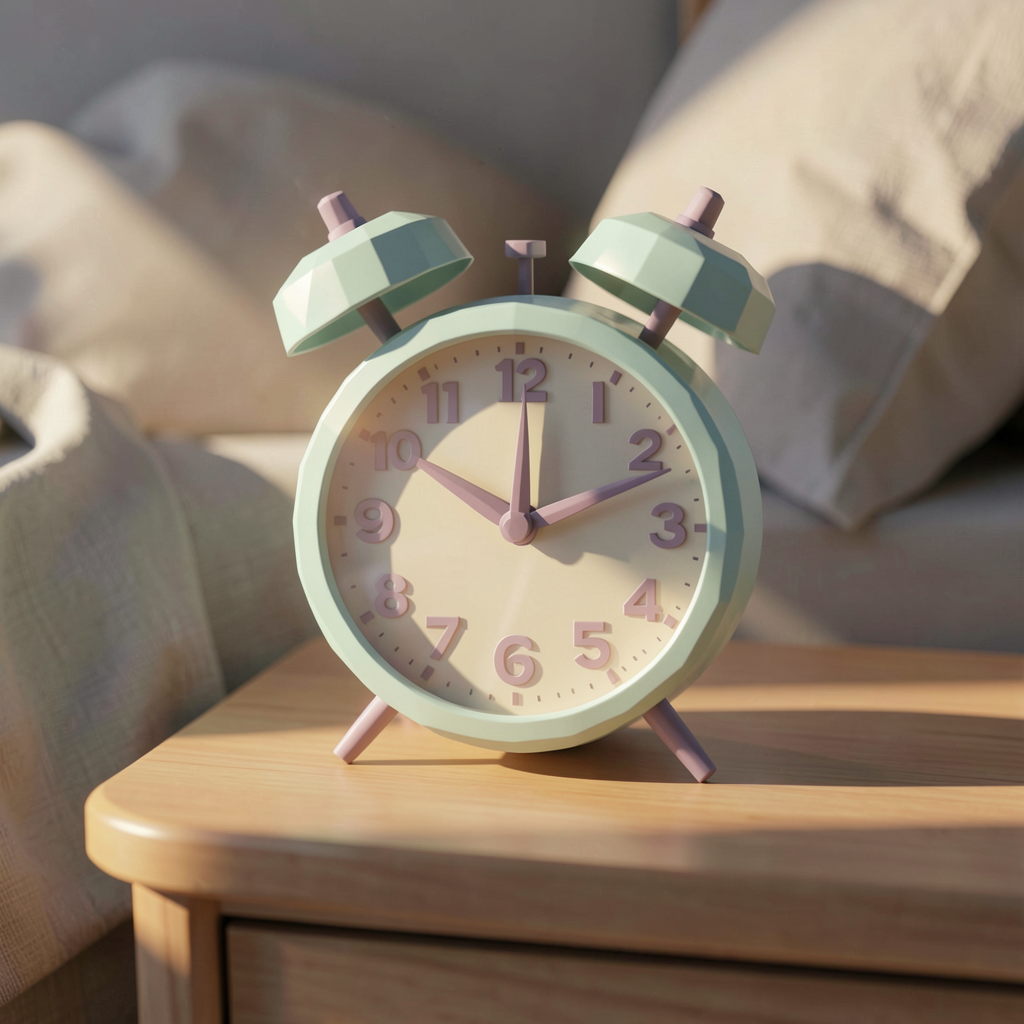 Pastellfarbener Retro-Wecker im warmen Morgenlicht auf einem Nachttisch als Symbol für Sex am Morgen statt am Abend.