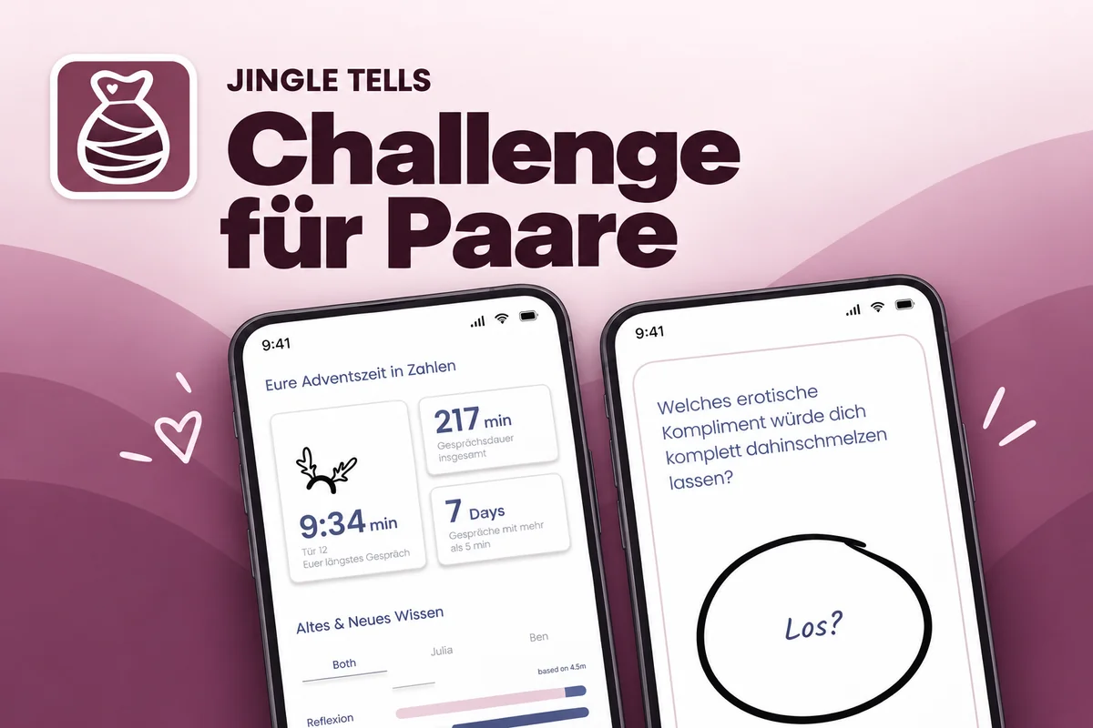 Jingle Tells, die Adventskalender-App für Paare: violettes App-Symbol mit Geschenksack neben zwei Handys, links eure Adventszeit in Zahlen, rechts eine Frage nach einem erotischen Kompliment.