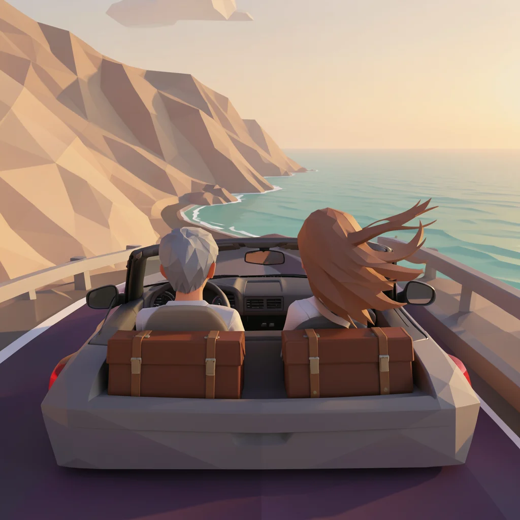 Älterer Mann und junge Frau von hinten im Cabrio auf einer Küstenstraße, im Low-Poly-Stil als Symbol für das Klischee einer Beziehung mit Altersunterschied