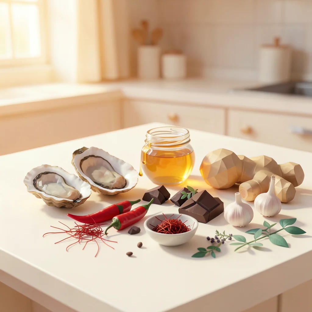 Austern, Honig, Chili, dunkle Schokolade, Safran, Knoblauch und Ingwer auf einem hellen Küchentisch als Übersicht natürlicher Aphrodisiaka