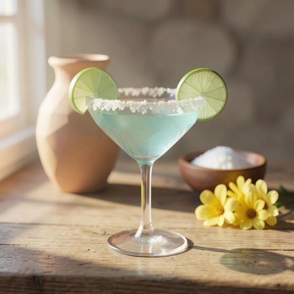 Hellblauer Cocktail im Margaritaglas mit Salzrand und Limettenscheiben, daneben ein Tonkrug und ein Salzschälchen – Damiana-Margarita aus selbstgemachtem Damiana-Likör.