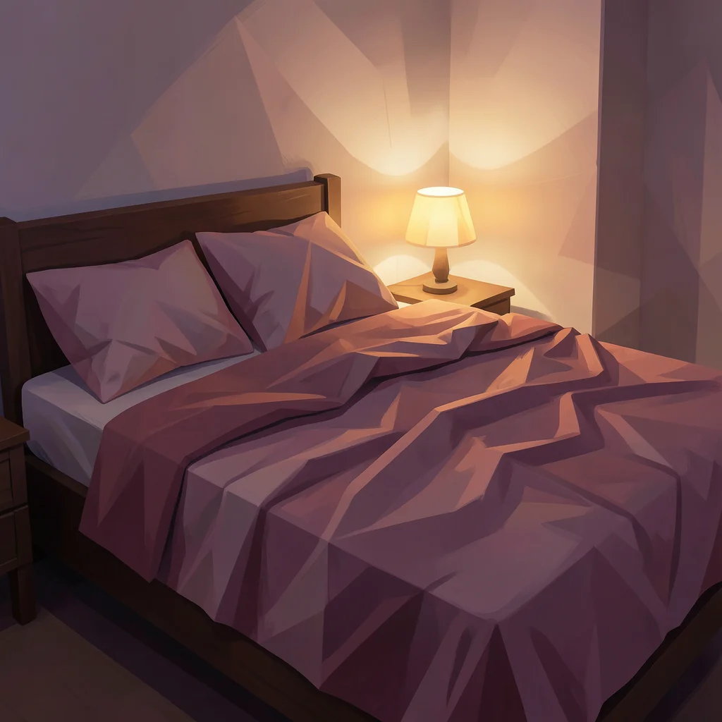 Gemütliches Schlafzimmer mit altrosa Bettwäsche und warm leuchtender Nachttischlampe als Symbol für intime Kommunikation und Dirty Talk zwischen Paaren im Bett.