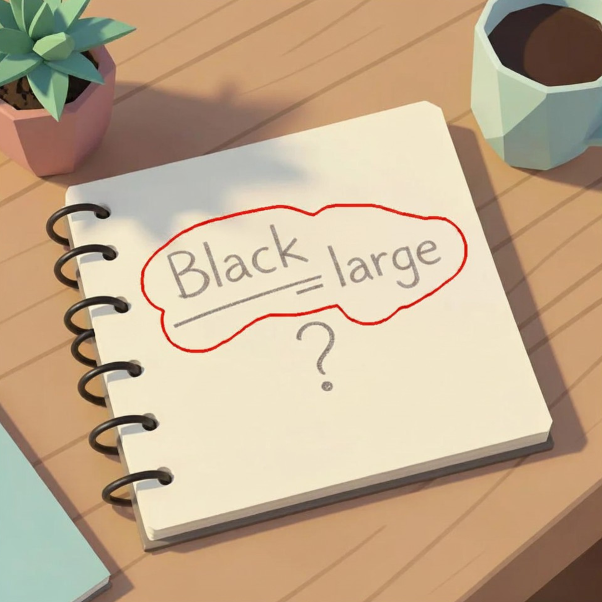 Penisgröße weltweit, Mythos oder Messung? Ringbuch auf einem Holztisch mit der rot eingekreisten Notiz „Black = large“ und einem Fragezeichen darunter.