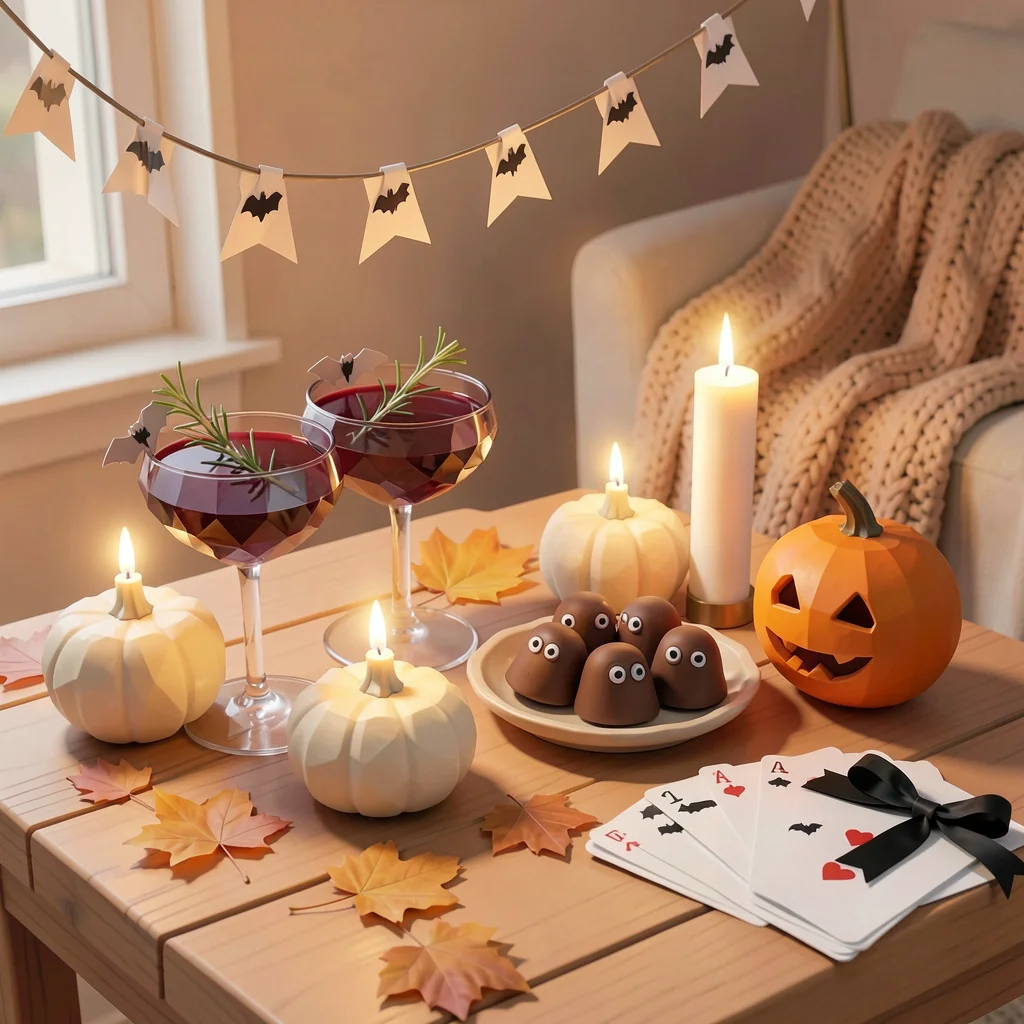 Gedeckter Tisch mit zwei Gläsern Blutorangen-Mule, Kerzen, kleinen Kürbissen und Spielkarten im Low-Poly Stil als Symbol für Halloween Date Ideen für Paare zu Hause