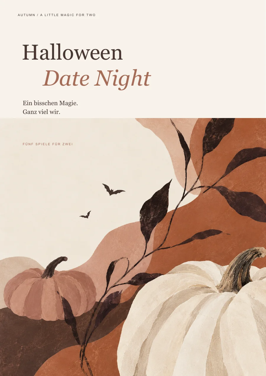 Titelseite der Druckvorlage Halloween Date Night mit Kürbissen und Fledermäusen in warmen Erdtönen: fünf Spiele für zwei zum Ausdrucken