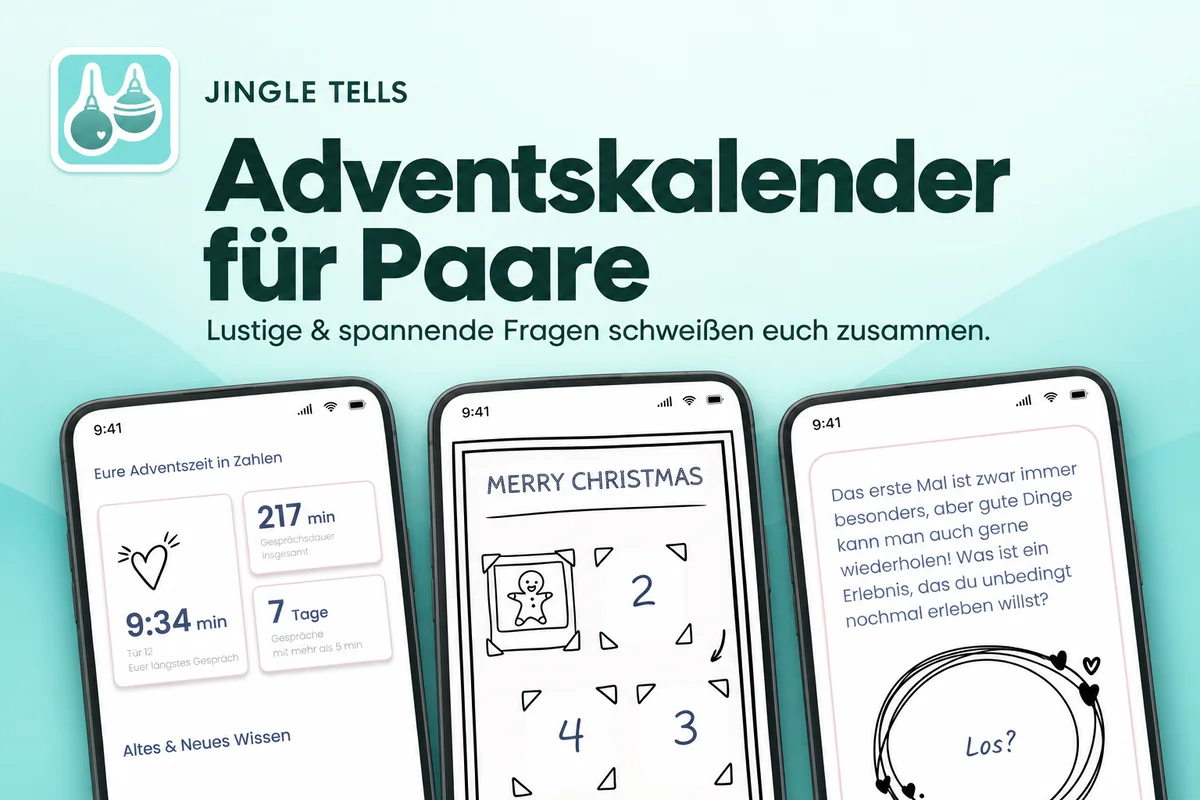 Digitaler Adventskalender Jingle Tells COUPLE: drei Handys mit eurer Adventszeit in Zahlen, der Kalender-Pinnwand mit Türchen und einer Frage zum ersten Mal.