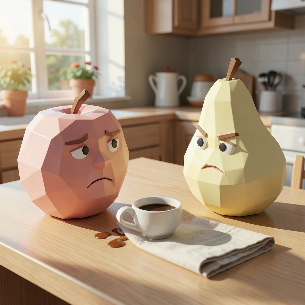 Zwei streitende Low-Poly-Früchte mit Gesichtern am Frühstückstisch als Symbol für das Beziehungsdrama, das der KI-Früchte-Trend inszeniert.