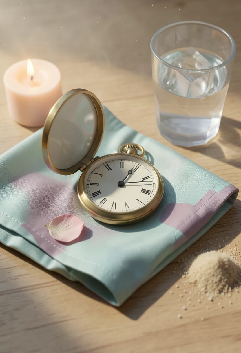 Aufgeklappte goldene Taschenuhr auf einem pastellfarbenen Tuch, daneben eine Kerze und ein Wasserglas – Symbolbild für länger durchhalten beim Sex.