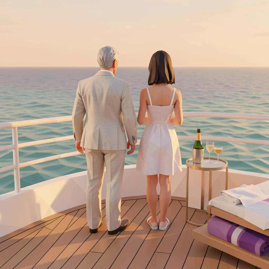 Ein älterer Mann und eine jüngere Frau an der Reling einer Yacht mit Sekt im Low-Poly-Stil als Symbol für das Klischee vom Tausch Geld gegen Jugend bei Paaren mit großem Altersunterschied.