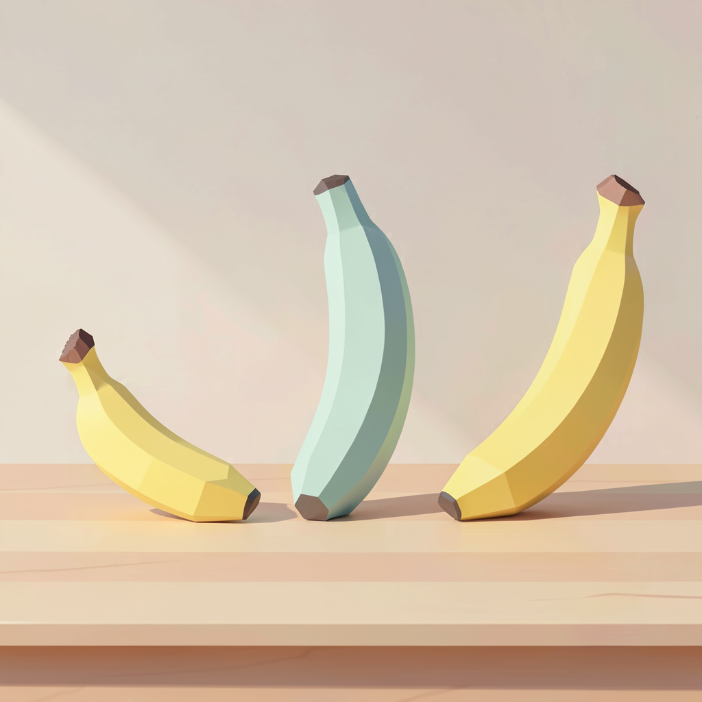 Drei stilisierte Bananen in verschiedenen Größen auf einem Holztisch als symbolische Darstellung unterschiedlicher Penisgrößen