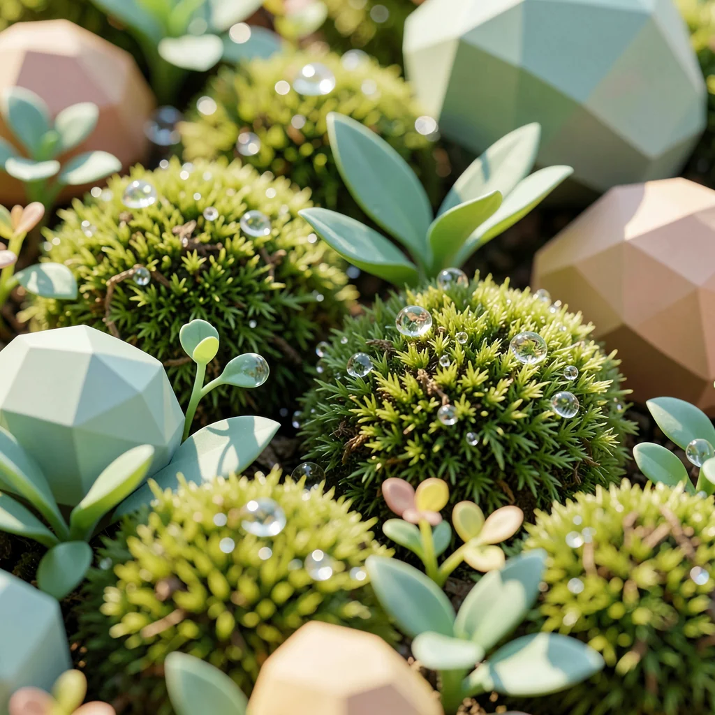 Nahaufnahme von Moosbällchen, Sukkulenten und Wassertropfen mit geometrischen Pastellsteinen als symbolische Illustration einer gesunden und gestörten Vaginalflora
