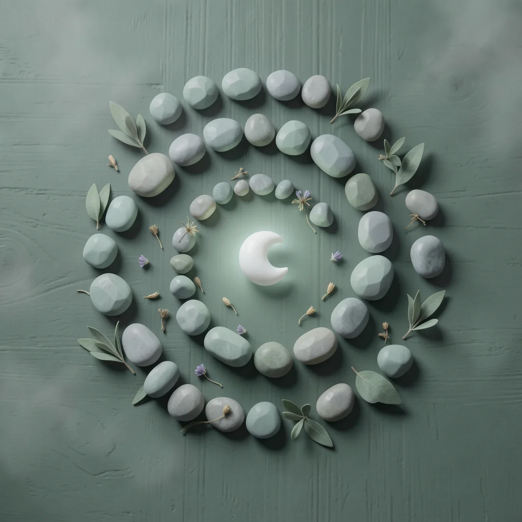 Spirale aus glatten Steinen mit einem weißen Mond in der Mitte, umrahmt von Salbeiblättern – Symbolbild für Entspannung und Sex gegen Stress.