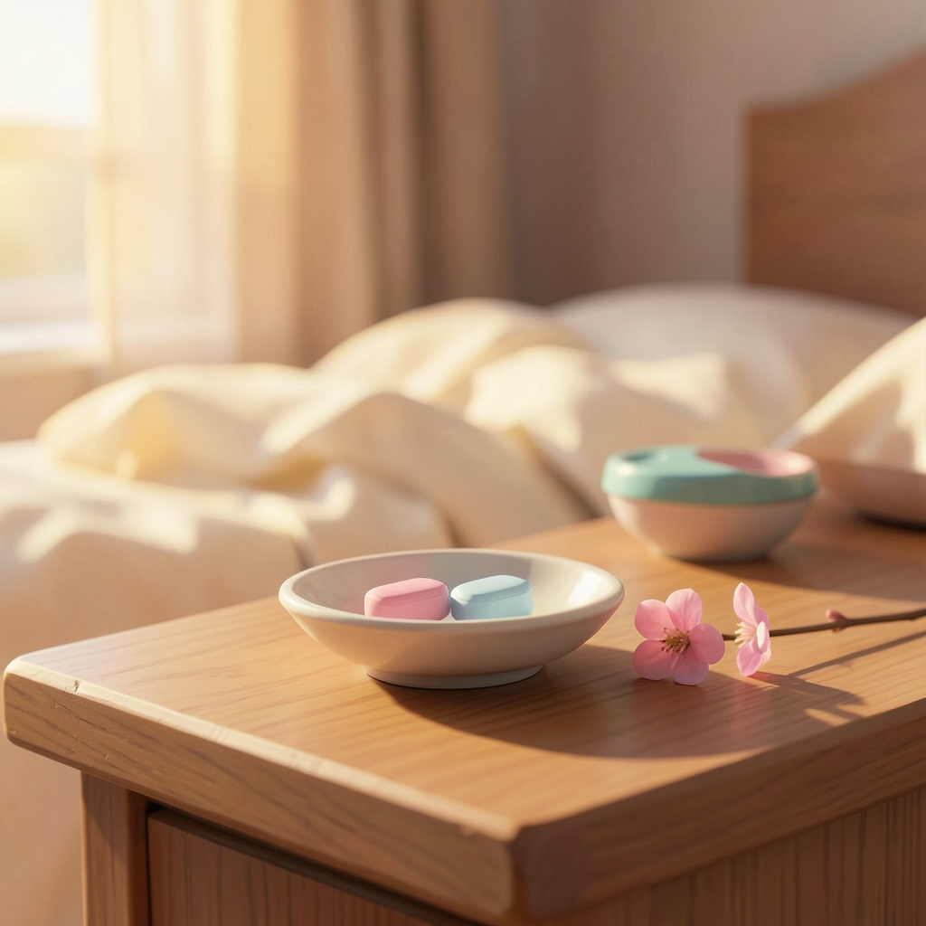 astellfarbene Tabletten in rosa und blau in einer Keramikschale neben einem Kirschblütenzweig auf einem Nachttisch als Symbol für die Wirkung von Viagra bei Frauen.