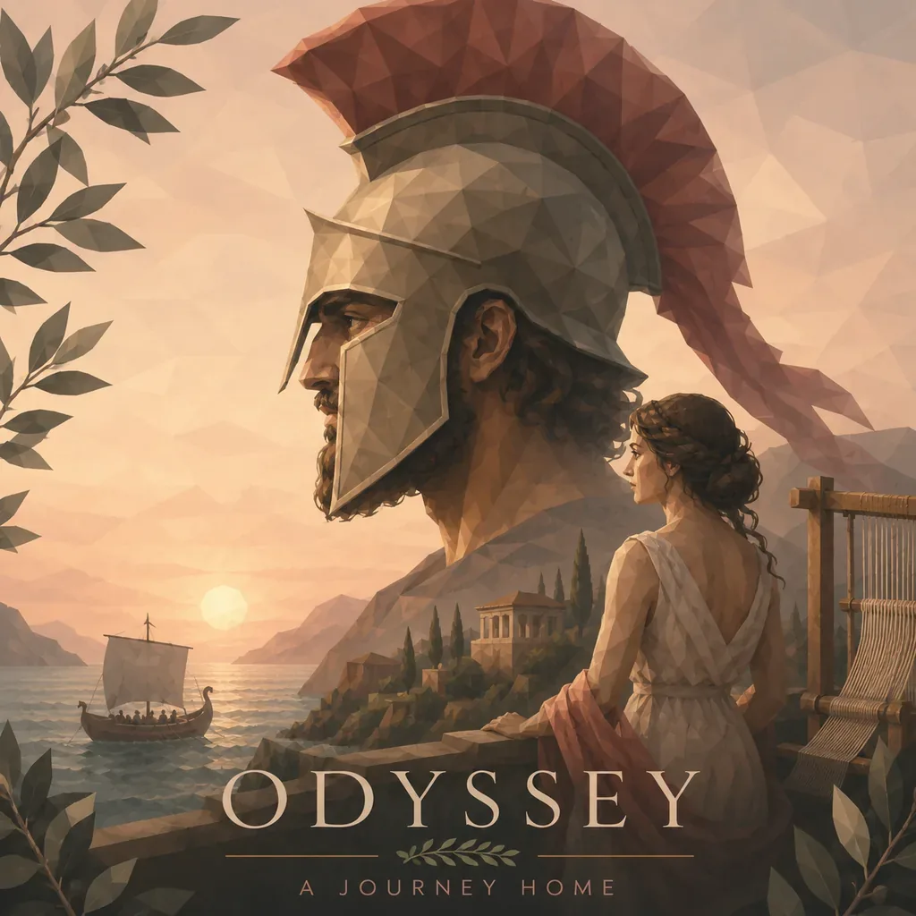 Odysseus im Helm als Profil über einer Küstenlandschaft, davor Penelope am Webrahmen, im Low-Poly-Stil als Motiv zum Film The Odyssey