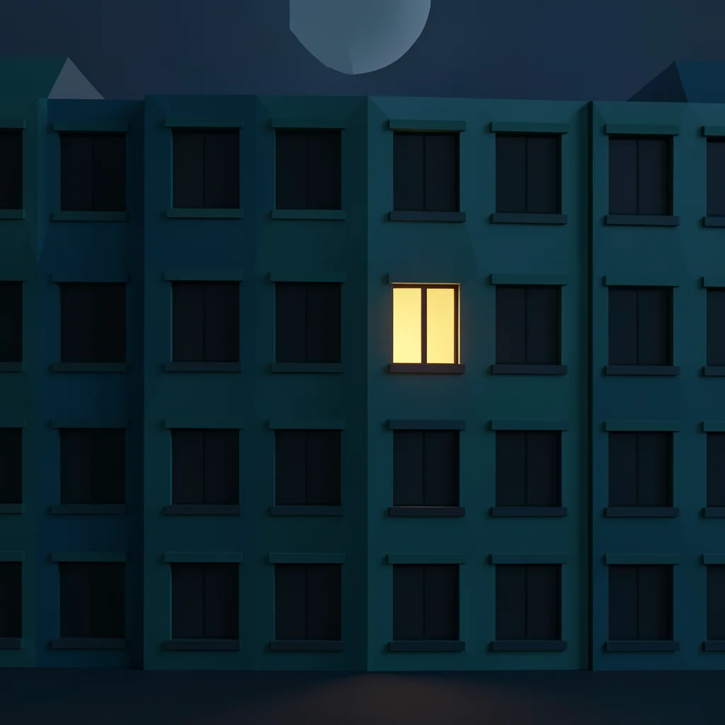Dunkle Häuserfassade bei Nacht mit einem einzigen hell erleuchteten Fenster im Low-Poly Stil als Symbol für den heimlichen Reiz von Dark Romance
