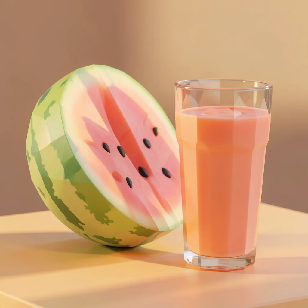 Aufgeschnittene Wassermelone neben einem Glas Saft im Low-Poly-Stil als Symbol für potenzsteigernde Lebensmittel.