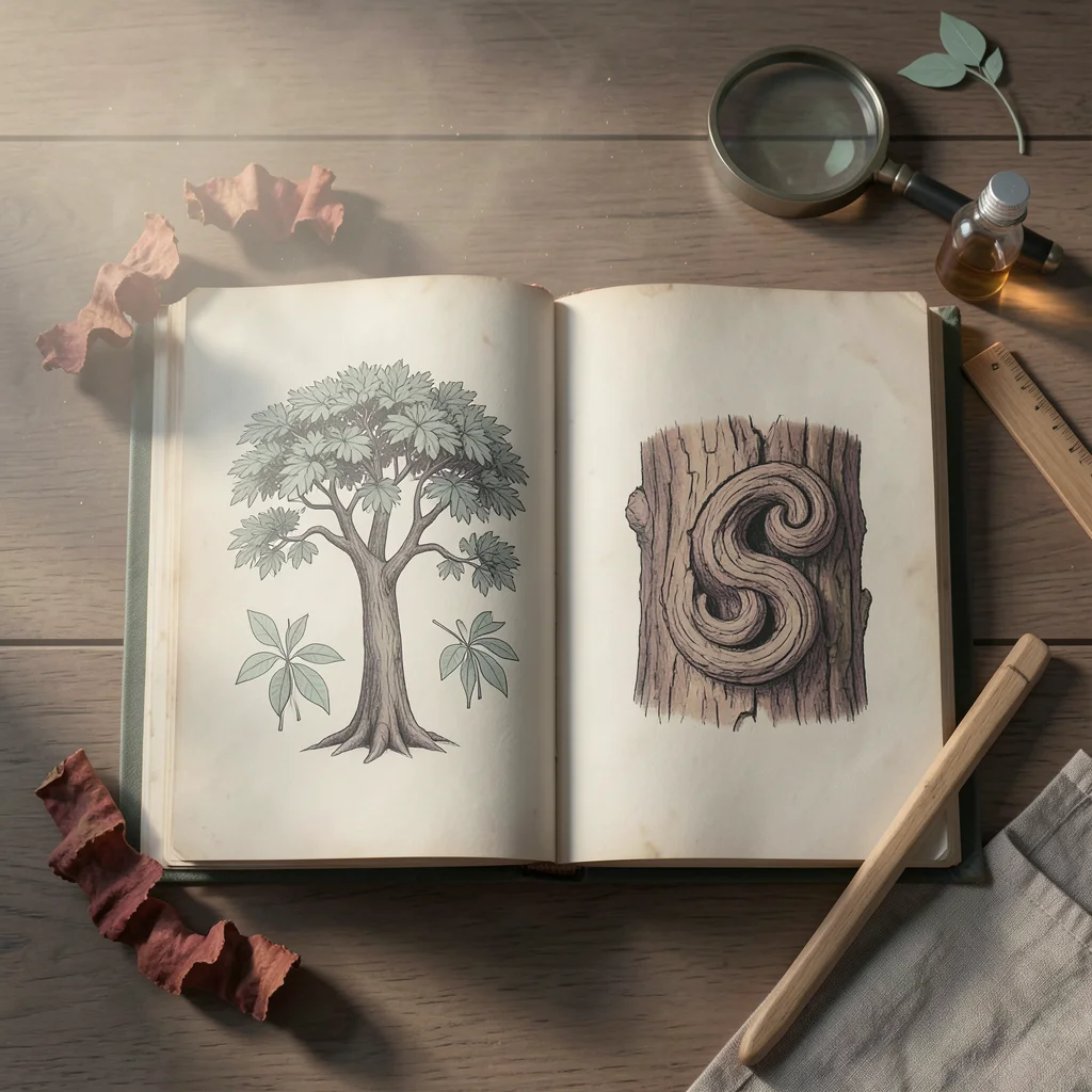 Aufgeschlagenes Buch mit botanischer Zeichnung eines Baumes und einer Rindenstruktur – Symbolbild für die Wirkung von Yohimbin aus der Yohimbe-Rinde.