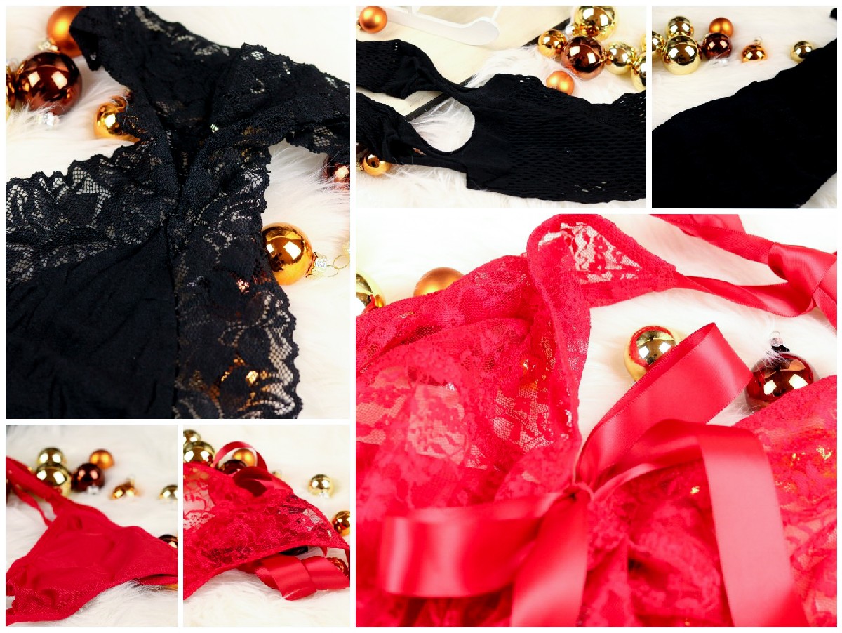 Unterwäsche für Damen aus Tür 7 bis 12: Overalls aus Spitze, rote Strings, Minikleid und Babydoll mit Schleifen.
