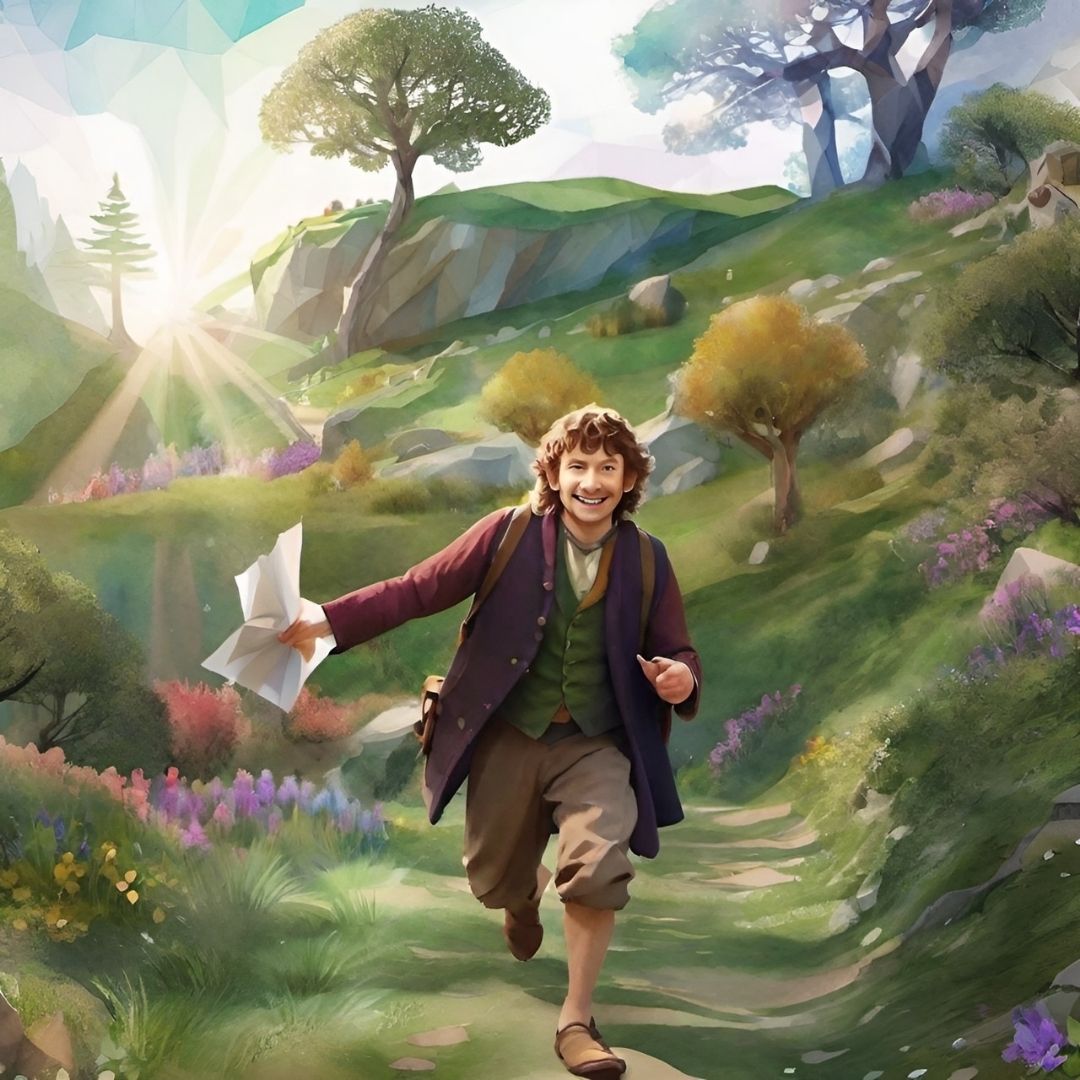 Ein Hobbit, der euphorisch mit einem Papier in der Hand durch eine grüne Landschaft eilt.